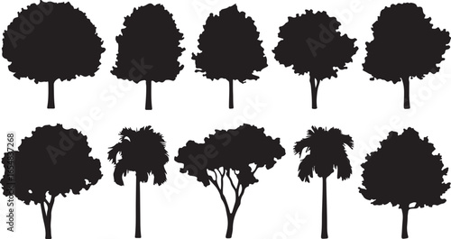 Set of black silhouette tree icons with various shapes and foliage nature plant