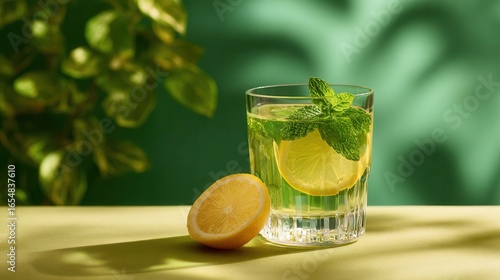 Wallpaper Mural Refreshing Lemon Mint Drink Served in a Glass with Green Background Torontodigital.ca