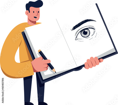Man sketching realistic eye drawing in large sketchbook vector illustration 