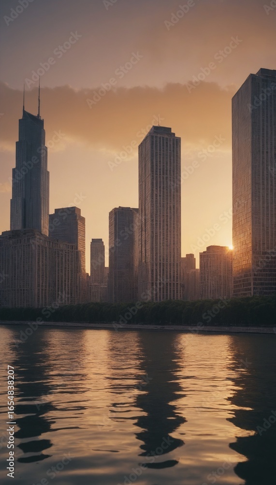 Fototapeta premium Skyscrapers glow beautifully as sunset falls over the city