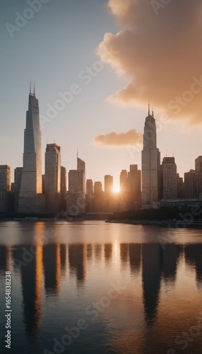 Modern city skyline with tall buildings during golden sunset