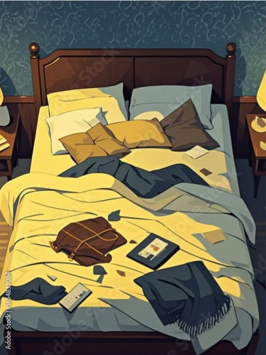 a messy bed after a night of use, including the blanket and pillows that were scattered and crumpled in a room