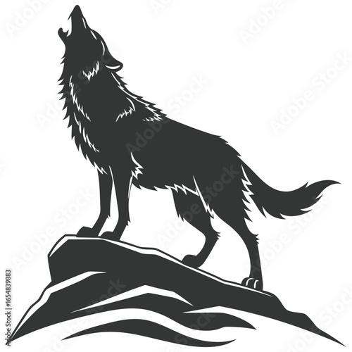 Howling wolf silhouette standing proudly on rocky outcrop vector illustration