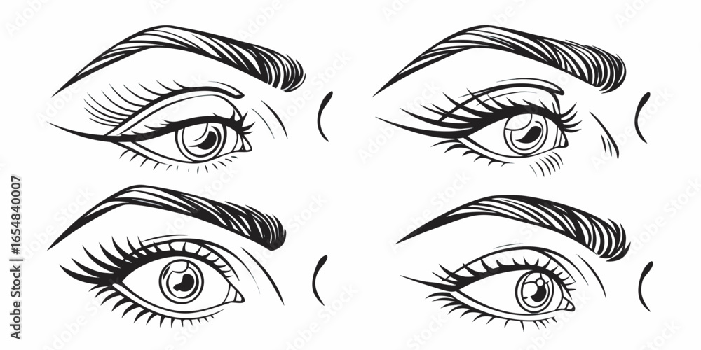 Obraz premium Set of black and white womans eyes and eyebrows line art style