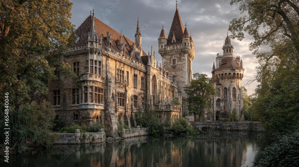 Fototapeta premium Picturesque stone castle by a tranquil water feature.