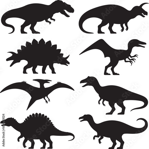 Collection of Eight Black Dinosaur Silhouettes on White Background prehistoric ancient