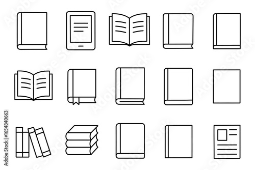 Collection of book and e-reader line icons for digital libraries and reading apps