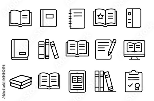 Outline icons of books and documents: library, education, and reading symbols