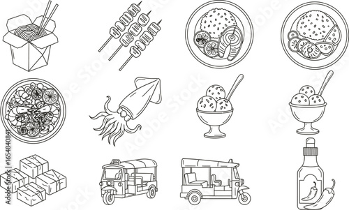 Delicious Asian food icons noodles skewers ice cream and transport