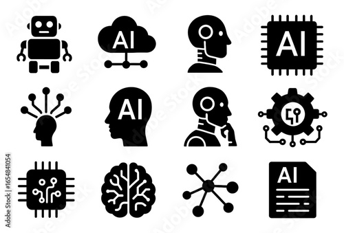 Artificial intelligence technology silhouettes featuring robots and neural networks icons