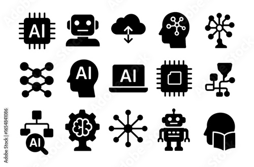 Ai technology icons set in simple silhouette style featuring robots and neural networks