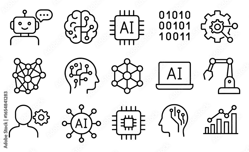 Fototapeta premium Modern technology icons featuring ai and robotics in linear style
