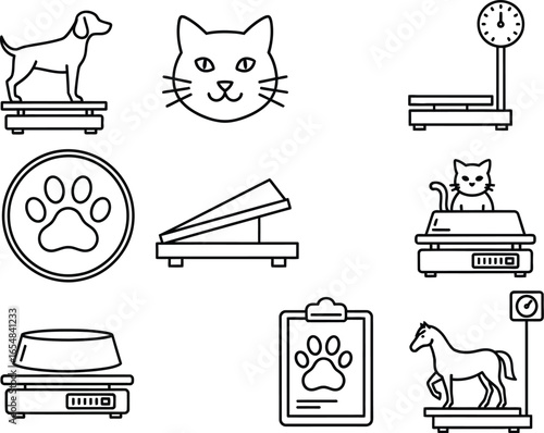 Pet weighing icons dog cat horse scale clipboard paw print