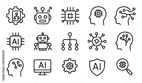 Ai technology icons set: linear designs of robots and neural networks