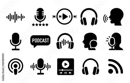 Podcast and audio icons set: microphone, headphones, and sound wave silhouettes