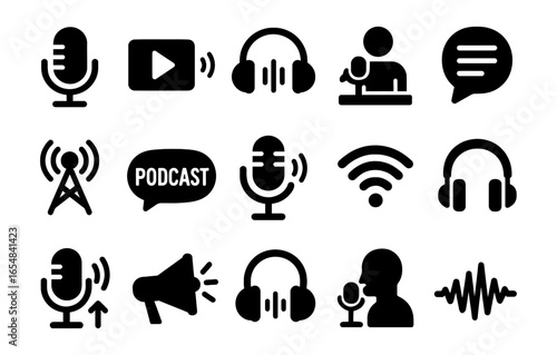 Podcasting icon set: microphone, headphones, audio symbols in bold black silhouette style