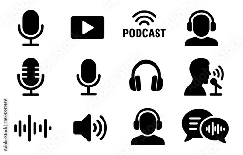 Podcast icon set: microphones, headphones, and audio symbols