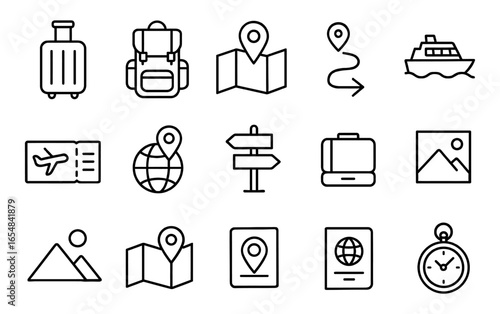 Travel icon set: minimalist line art of luggage, maps, and navigation symbols for tourism concepts