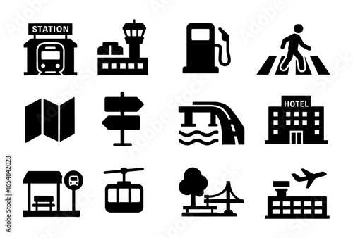 Essential transportation and travel icons for urban navigation