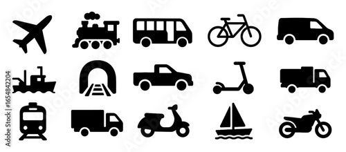 Silhouette icons of diverse modes of transportation for design projects