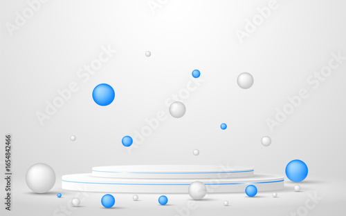 White podium with elegant blue lines with white and blue balls around it for displaying advertisements. Cosmetic product display. Stage or podium. Vector illustration	