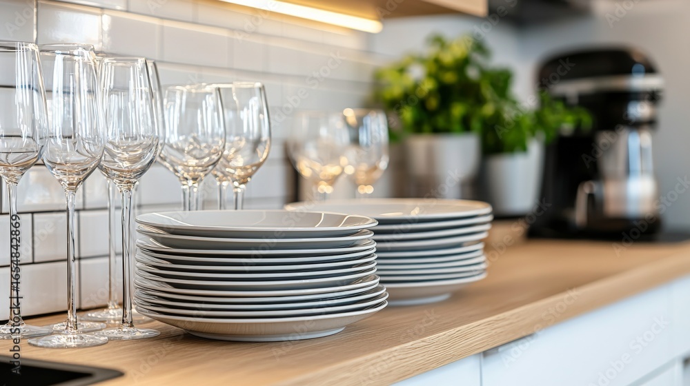 Fototapeta premium Clean Kitchen Stacked Plates and Wine Glasses on Countertop