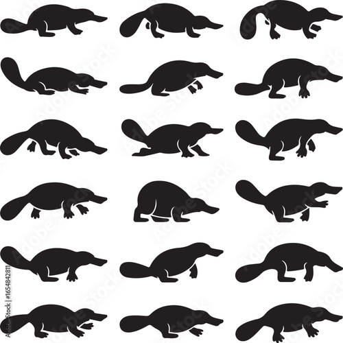 Repeating pattern of black platypus silhouettes on a white background animal mammal