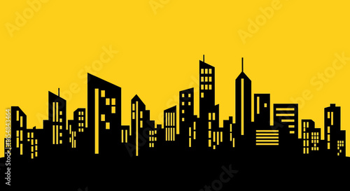 Silhouette of a Modern Cityscape Against a Yellow Backdrop.