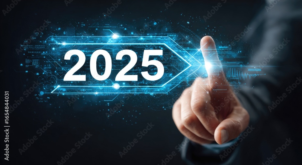 Obraz premium Hand pointing at a digital 2025 projection