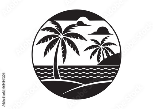 Tropical beach silhouette black vector white background