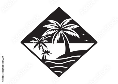 Tropical beach silhouette black vector white background
