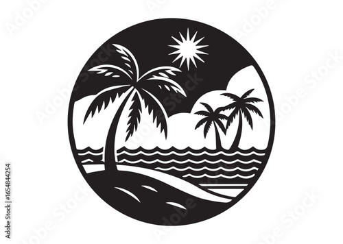 Tropical beach silhouette black vector white background