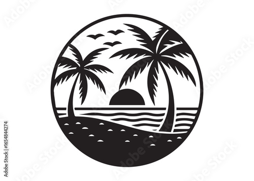 Tropical beach silhouette black vector white background