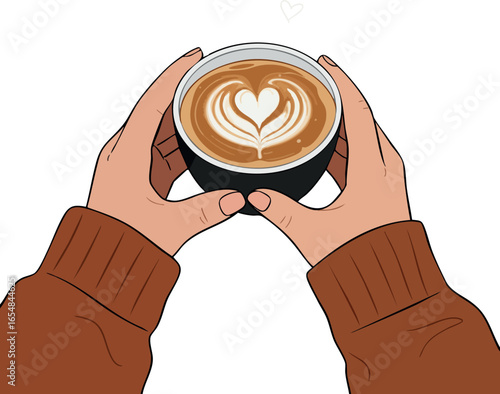 Hands Holding Coffee Cup with Heart Latte Art in Brown Sweater Sleeve Vector Illustration 