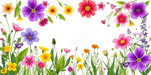 Wildflower border with spring blooms, green leaves, herbs, and meadow flowers Flat style vector illustration on white background,  greenery,  fabric