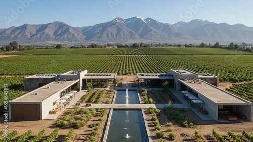 Modern vineyard estate with mountains and lush fields