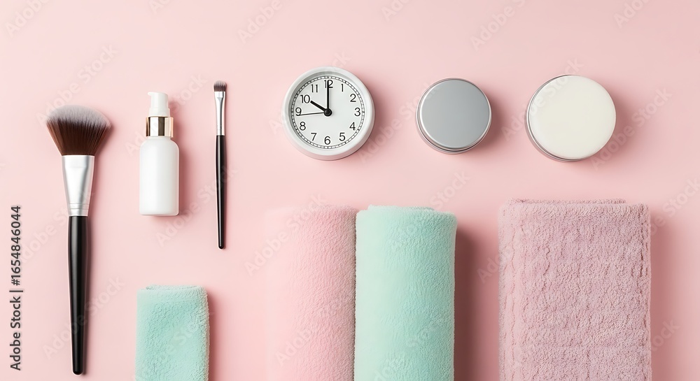 Fototapeta premium Beauty Routine Essentials: Makeup Brushes, Clock, Towels, and Skincare Products Arranged on Pink