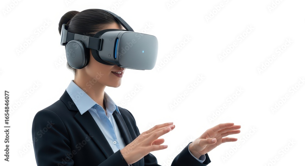 Woman in VR Headset Attending Virtual Meeting Woman in VR Headset Attending Virtual Meeting
