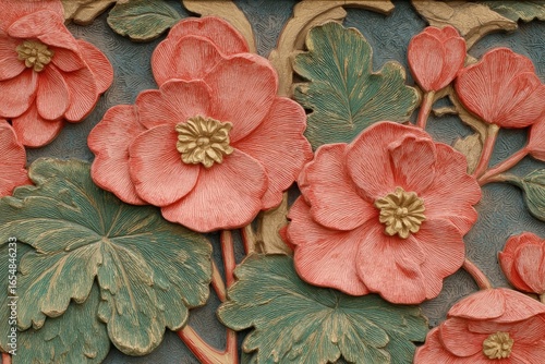 Wallpaper Mural Ornate floral bas-relief design with deep pink flowers and lush green leaves. Torontodigital.ca