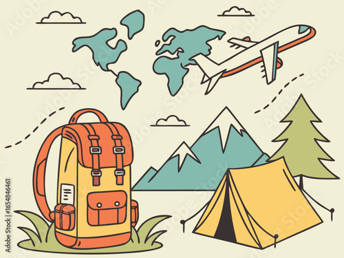 Cartoon landscape illustration with mountains, trees, and a house, perfect for summer camping travel