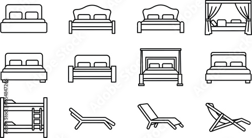 Modern bedroom furniture line art illustrations for interior design concepts