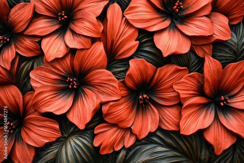 Wallpaper Mural A detailed bas-relief design showcases vibrant red flowers with dark accents, evoking a rich and elegant floral pattern. Torontodigital.ca