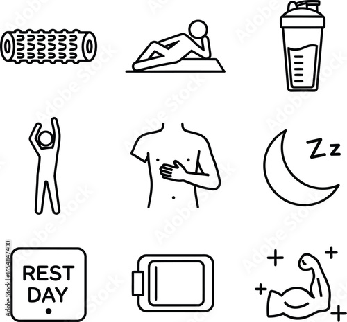 Wellness icons for healthy lifestyle, fitness, and restful recovery concepts