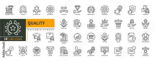 Minimalist Quality line icons set with editable stroke, featuring badge, satisfaction, top, reliability, five star, valuable, award, seal, check, premium, experience, review. thin linear illustration.