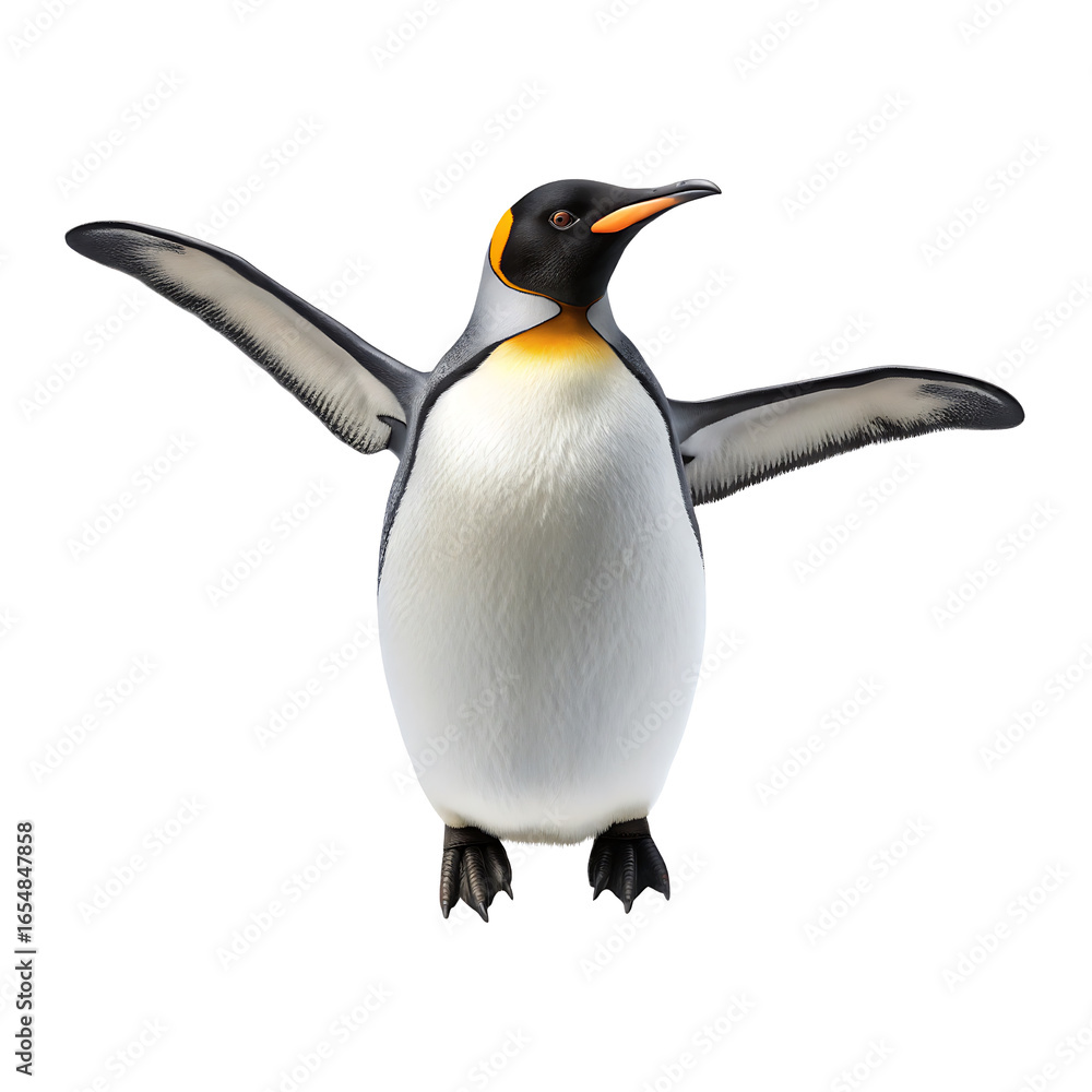 Fototapeta premium A majestic king penguin stands with its wings spread wide isolated on transparent background