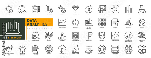 Minimalist Data Analytics line icons set with editable stroke, featuring reveal, search, evaluate, processing, chart, ranking, optimization, box plot, bubble chart, cloud. thin linear illustration.