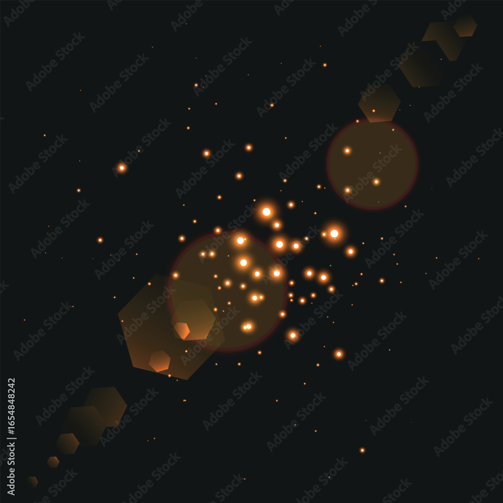 Fototapeta premium dark background with scattered bright orange dots and large light spots with a lens flash effect, creating a starry sky or fireworks atmosphere.