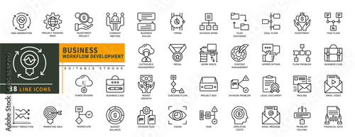 Minimalist Business Workflow Development line icons set with editable stroke, featuring idea generation, project management, investment project, funds raising, market predic. thin linear illustration.