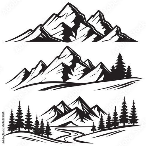 Three distinct hand drawn black and white mountain range illustrations with pine trees and a winding river in a sketch style