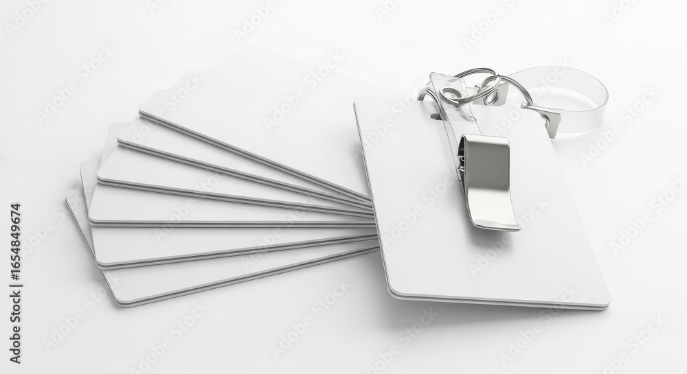 A stack of blank white plastic identification badges with one card featuring a metal clip, isolated on a clean studio background A stack of blank white plastic identification badges with one card featuring a metal clip, isolated on a clean studio background